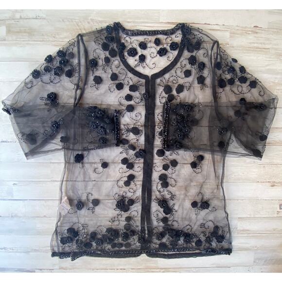 Black Net Embroidered Beaded Floral Blouse Shirt Top Jacket SZ L C100845 - Picture 2 of 10